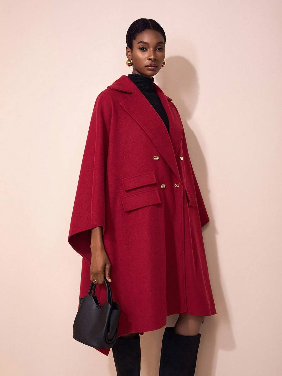 Zivah Early Autumn/Winter New Styles For Birthday Parties, Graduation Season, Daily Outings, Basic, Versatile, Casual Vacation, Cruise Travel, Internet Celebrities, Popular, Casual, Elegant, Commuting, Casual, Street Party, OL Style, Lapel, Fake Pocket Decoration, Cape-Style Knee-Length Woolen Coat, Metal Buckle Decoration, Burgundy Woolen Coat, Ladies' Woolen Coat -A - Burgundy - View 1
