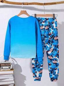 SHEIN 2 piezas Conjunto de pijama de manga larga holgada con cuello redondo y estampado cómodo para niños/preadolescentes, ropa de dormir de punto - Multicolor - Ver 2