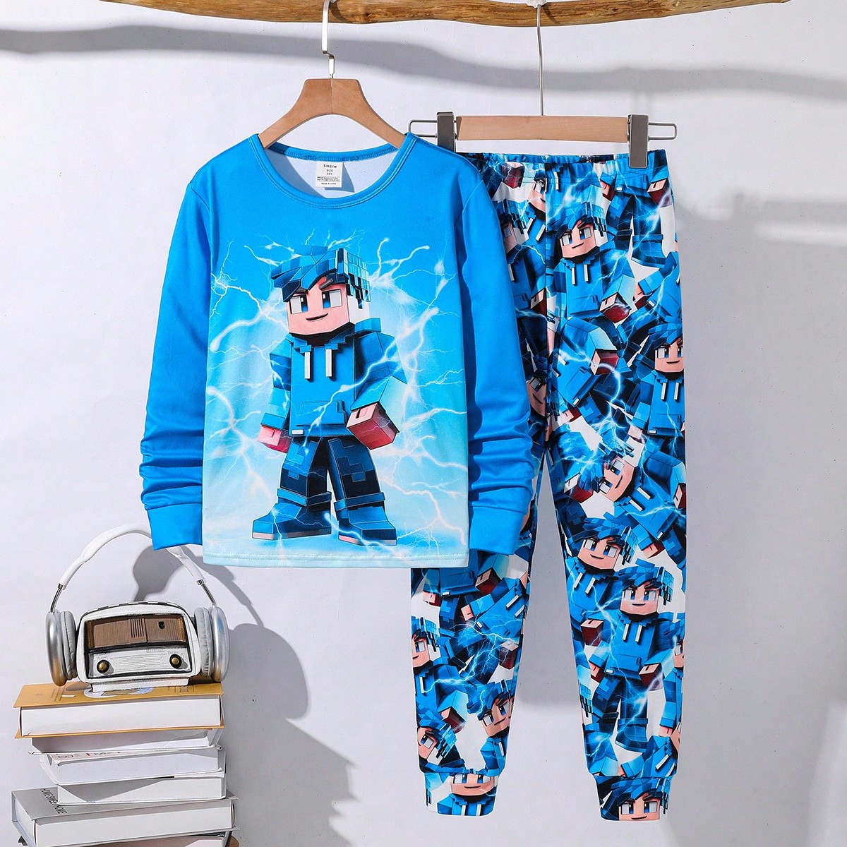 Piezas Conjunto de pijama de manga larga holgada con cuello redondo y estampado cómodo para niños/preadolescentes, ropa de dormir de punto