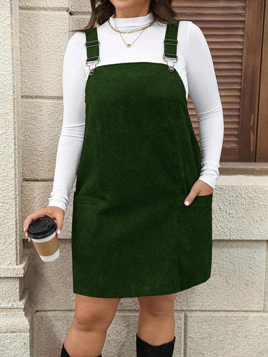 SHEIN LUNE Große Größen Damen Schwarzes Cord-Kleid mit Taschen und verstellbaren Trägern, Kleider für Frauen, Barnfit Thanksgiving Outfit, Frauen Neujahrs Outfit, Winterkleider, Winterkleidung für Frauen, Rave Outfits, Jumper Kleid - Dunkelgrün - Übersicht 1