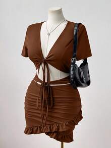 Sunspun Vestido ceñido de mujer talla grande de unicolor con escote en V sexy, cintura fruncida y recortes, para mujer - Óxido marrón - Ver 3