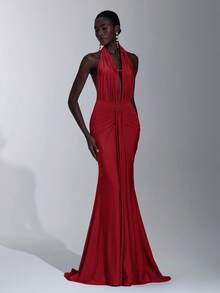 Elitara Elegant, Romantic, Sexy, Minimalist, Stretchy, Halter Neck, Backless, Off Shoulder, Bodycon, 3D Floral, Fishtail Hem, Fashionable, Influencer Style, Holiday, Vacation, Birthday Party, Wedding Event, Bridesmaid Dress - Burgundy - View 4