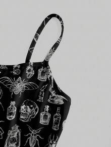 ROMWE Spring/Summer Graphic Flower Black Gothic Dark Skull, Moth, Bat, Spider Mini Dress For Women, Halloween - Black - View 3