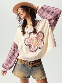 Bohemela Blusas holgadas de punto con parches, cuello redondo y manga larga caída para mujeres