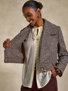 Bóhologie Blazer court en tweed pour femmes avec larges revers et fermeture à double bouton, veste extérieure classique et élégante en tweed pour femmes, veste marron pour femmes, blazers pour femmes, blazer en tweed pour femmes, veste de costume pour femmes - Tabac - Voir 7