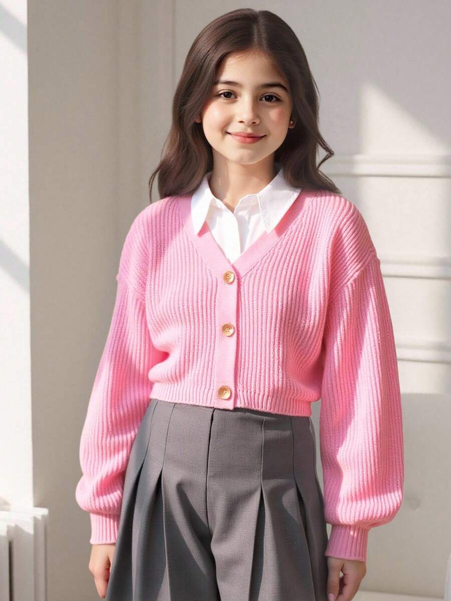 青少年女孩休闲纯色灯笼袖开衫 - 粉色 - 查看 1