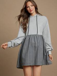 WESTFADE Ländlicher Western Mix Media French Terry & Strass Karomuster Kapuzenkleid Mini Kleid Schulanfang Süß Herbst - Verschiedenfarbig - Übersicht 1