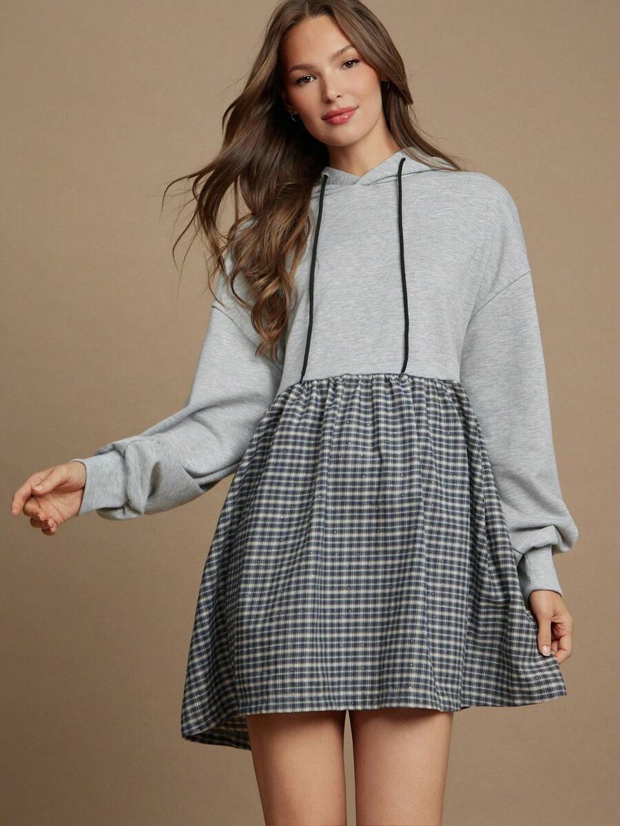 WESTFADE Ländlicher Western Mix Media French Terry & Strass Karomuster Kapuzenkleid Mini Kleid Schulanfang Süß Herbst - Verschiedenfarbig - Übersicht 1