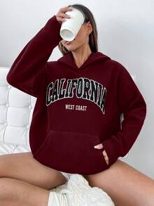 Flirla Embroidered English Graphic Hooded Oversized Sweatshirt - Burgundy - View 3