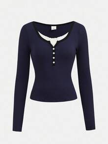 Girlism Teen Girls Navy Blue Ribbed Long Sleeve Mock Neck Contrast Trim Button Design Tight Fit Turtleneck Top And Wide Leg Pleated Pants Casual Street Chic Two Pieces Set Fall Winter