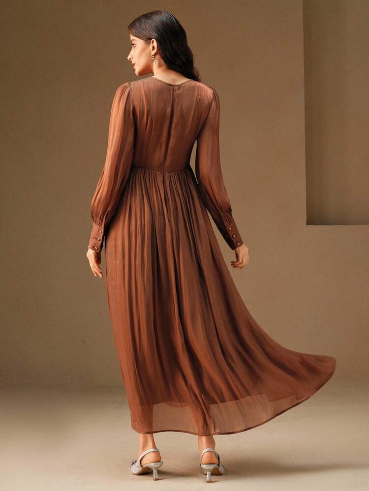 Women's Long Dress With Cross Neckline, Ruffle Hem, Pleated Bubble Long Sleeve, Elegant And Dignified Evening Gown