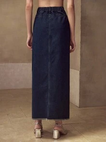 MOTF 大腿开衩毛边牛仔裙 - 藍色 - 查看 4