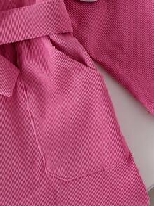 Sparklyn Girls' Fashionable British Style Corduroy Jumpsuit With Floral, Star, Letter Prints, Waist Belt, Pockets, Long Sleeve, Casual Stylish Holiday Outfit Fall Winter