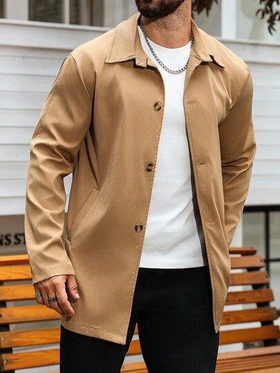 Manfinity Homme Men's Solid Color Single-Breasted Casual Long Sleeve Trench Coat, Autumn Men Outerwear