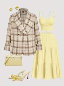 SHEIN MOD Plus Size Women Plaid Funnel Neck Formal Suit For Work, Elegant Commuting, Autumn/Winter Fall - Multicolor - View 1