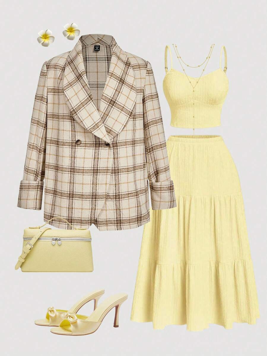 SHEIN MOD Plus Size Women Plaid Funnel Neck Formal Suit For Work, Elegant Commuting, Autumn/Winter Fall - Multicolor - View 1