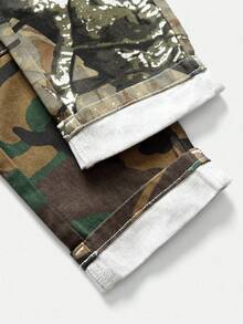 Teen Boys' Y2K Style Tree Camo Washed Denim Jeans, Straight Leg With Frayed Hem, Casual & Cool For School Fall Winter - Army Green - View 6