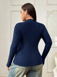 SHEIN EZwear 大码女式休闲百搭海军蓝长袖T恤 - 藏蓝色 - 查看 3