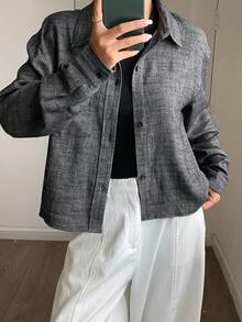 DAZY Camisa Casual Feminina de Manga Longa com Gola Virada, Cor Sólida de Linho, Outono - Chumbo - Visão 1