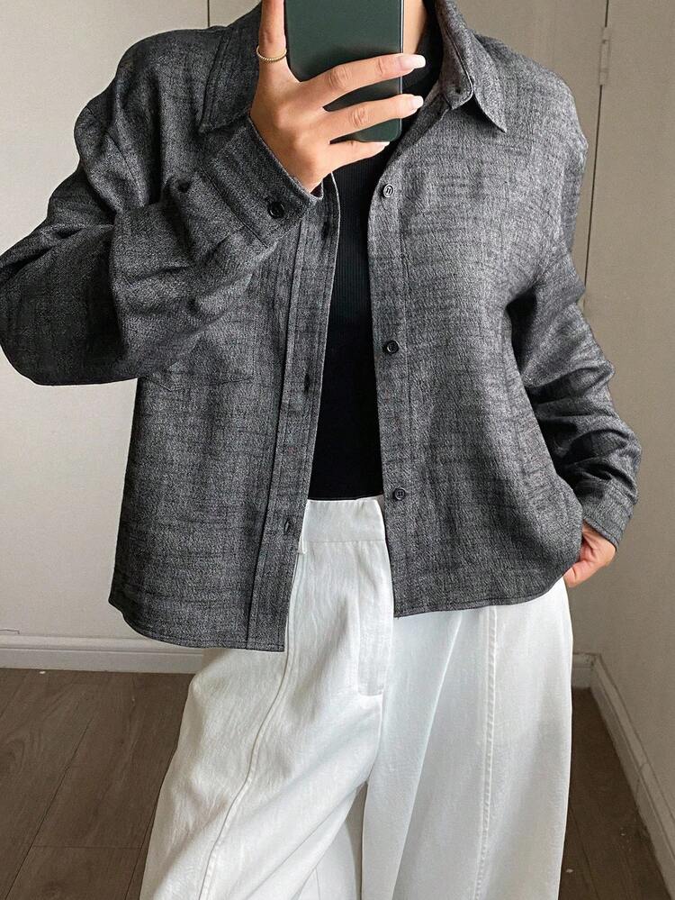 Women's Solid Color Linen Fitted Long Sleeve Turndown Collar Casual Shirt, Autumn