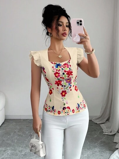 Elenzga Camisa casual de mujer con estampado floral, cuello en forma de corazón y mangas con volantes