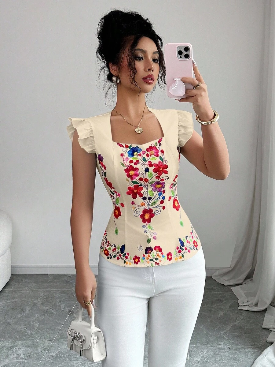 Elenzga 女式花卉印花休闲衬衫,鸡心领口,飘袖 - 杏色 - 查看 1