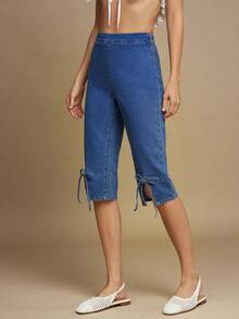 WESTFADE 中腰可爱蝴蝶结前开叉七分牛仔裤，适合女士西部风、秋季、冬季、波西米亚风、纳什维尔乡村音乐会 - 中等水洗藍 - 查看 5