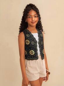 Travachic KIDS Tween Girl Floral Print Casual Vest, Black Autumn Winter Clothes ForGirln - Black - View 4