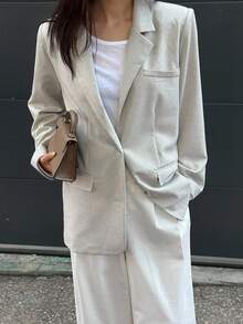 DAZY 女士宽松纯色翻领休闲街头复古风长袖外套，秋冬商务装 - 灰色 - 查看 7