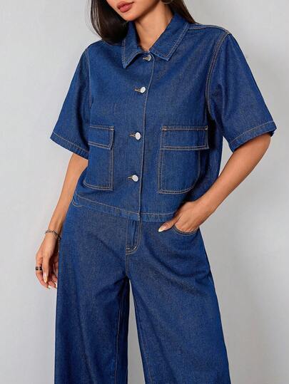 SHEIN 少女纯色水洗深蓝色牛仔衬衫，翻领短袖上衣，夏季牛仔套装，办公室穿着，学院风，秋季衬衫，返校季，校园上衣，返校节