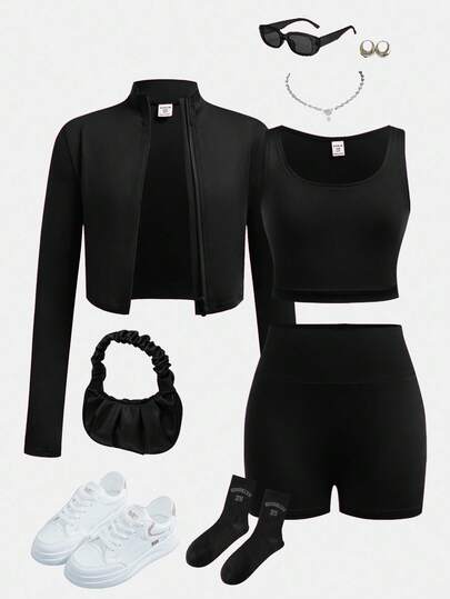 SHEIN Girlism Conjunto de 3 piezas para niña preadolescente: Camiseta de cuello alto de manga larga con cremallera, camiseta de tirantes y shorts de ciclista