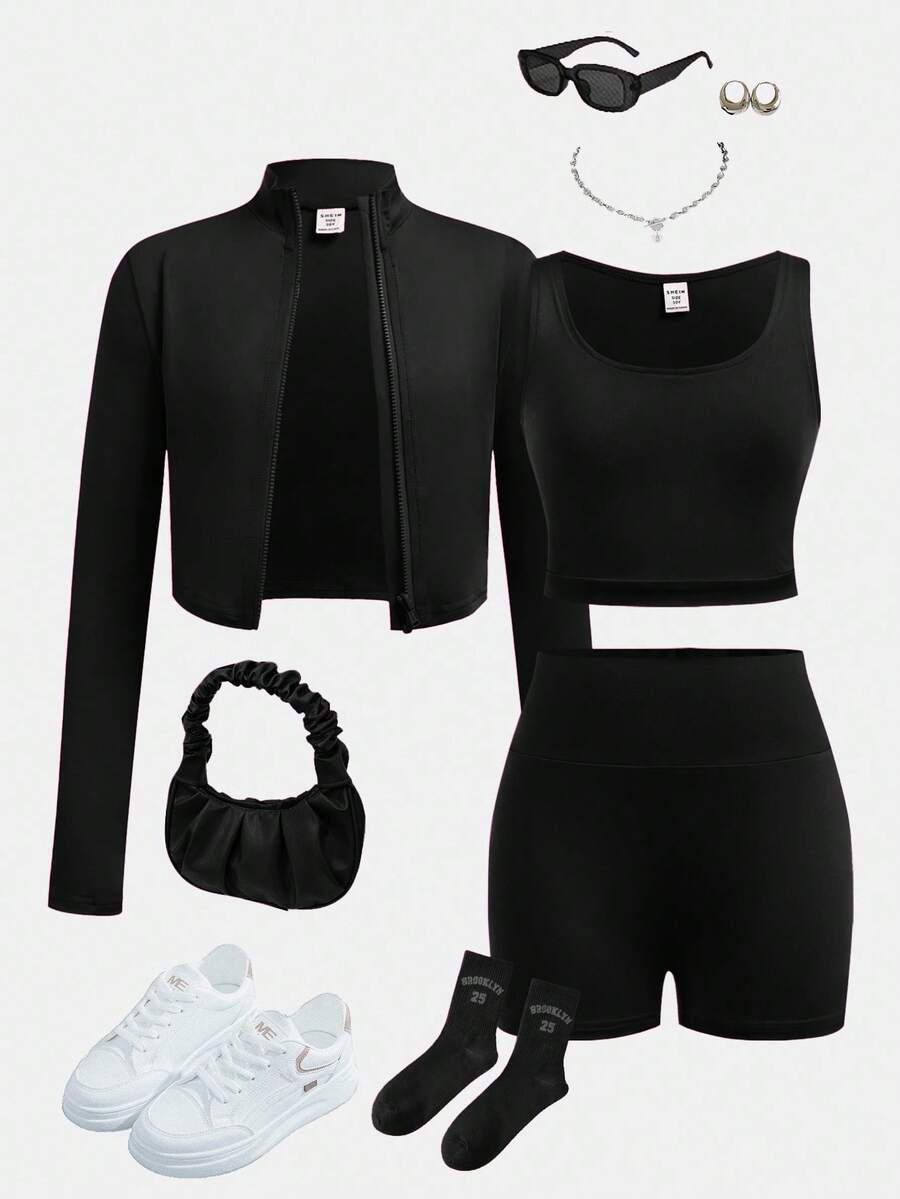 SHEIN Girlism 青少年女孩三件套：长袖立领拉链 T 恤、吊带背心和自行车短裤 - 黑色 - 查看 1