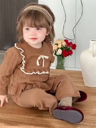 DAZY 2件套女婴荷叶边蝴蝶结针织毛衣和打底裤套装秋冬