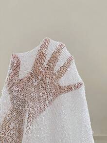 SHEIN EZwear 大码女式绿色荷叶边下摆半透明休闲钩针斗篷，适合夏季外出和约会 - 白色 - 查看 5