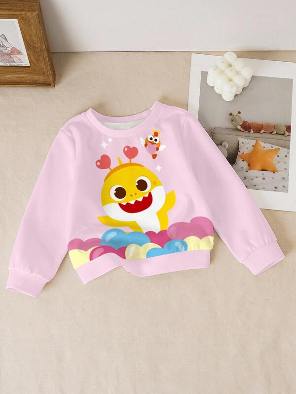 BABY SHARK X SHEIN Sudadera casual de uso diario y de viaje para bebé niña con estampado lindo de tiburón de dibujos animados, para otoño/primavera