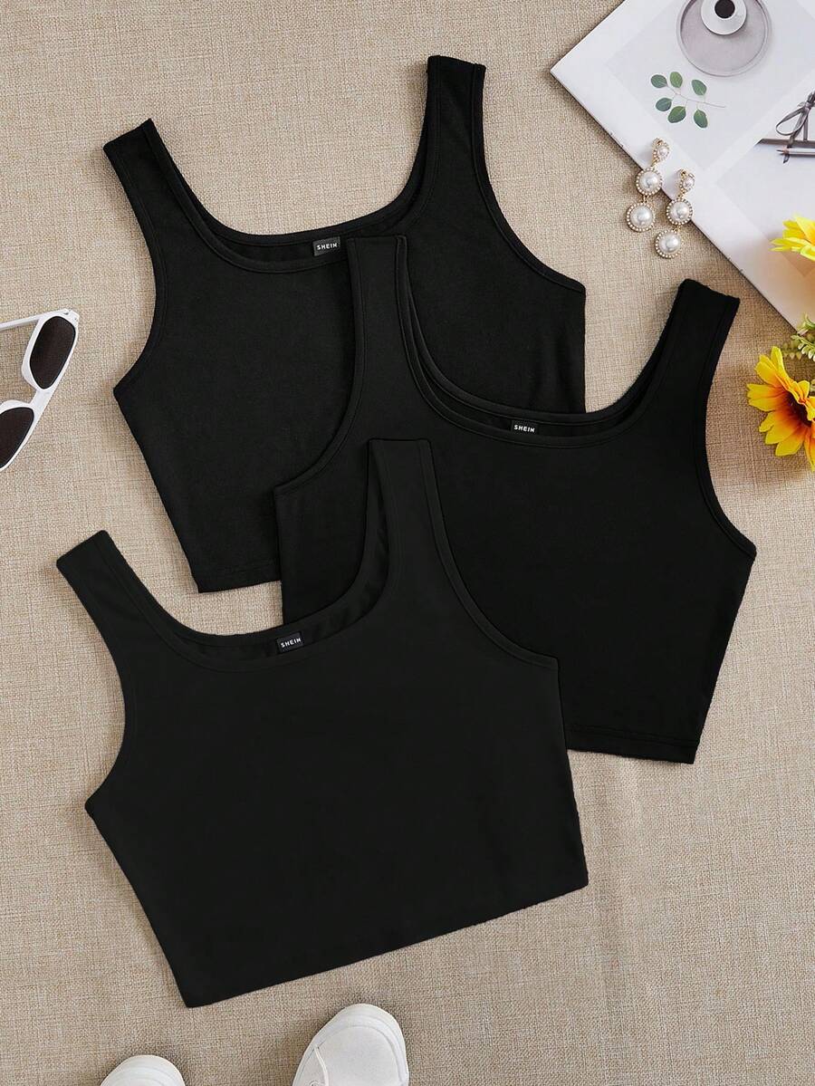 SHEIN EZwear 3 件套女士黑色超短款紧身休闲吊带背心,适合夏季 - 黑色 - 查看 1