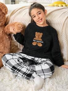 2 件套女童可爱熊贴花刺绣圆领长袖上衣和黑白格子印花法兰绒睡裤柔软舒适羊毛睡衣套装 - 黑色 - 查看 4
