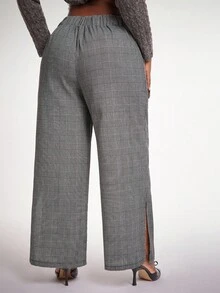 SHEIN SXY Plus Size Women's Elegant Sexy Plaid High-Waisted Side Slit Suit Pants, Suitable For Office Commute, Business, Party, Minimalist, Birthday, Formal Events, Autumn/Winter