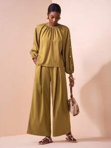 Zivah Blusa de manga larga con botones de perla para uso casual, de vacaciones, cruceros, viajes y trayectos, pantalones de pierna ancha - Caqui - Ver 5