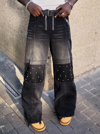 Street Life Jeans casuales de corte holgado para hombre con bolsillos y decoración de perlas, estilo grunge