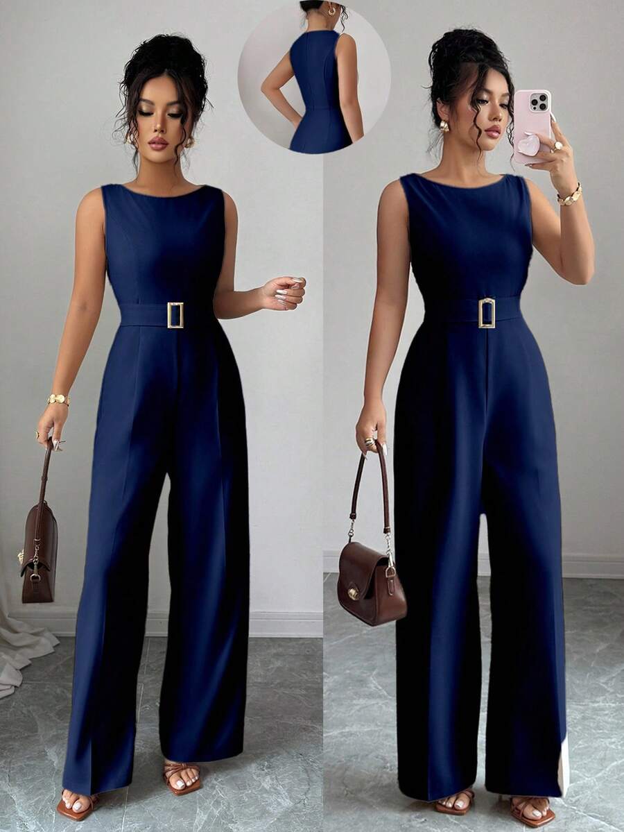 Selianne French Romantic One-Shoulder Sleeveless High Waist Belt Smooth Fabric Metal Buckle Decoration Wide Leg Straight Women Jumpsuit Women Summer Clothing Women Office Clothing Outing Clothing - Navy Blue - View 1