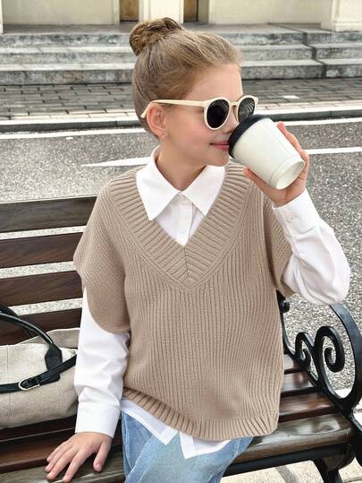 SHEIN Serisse Kids 2 ปีเด็กหญิงคาสวยล่อสเซอร์ผ่อนคลายสีพื้นเสื้อกั๊กเสื้อกันหนาวคอวีแขนยาวขนาดเกิน