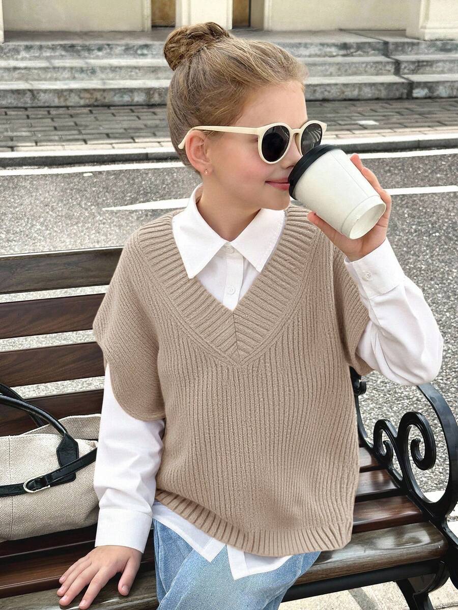 SHEIN Tween Girl Casual Loose Solid Color Oversized V-Neck Mid-Length Sweater Vest Sweater Vest For Girls Brown Sweater Vest For Girls,In Fall/Winter Girls Sweater Vest Kids Sweater Vest V Neck Sweater Vest Kids Teen Girl Sweater Vest - Khaki - View 1