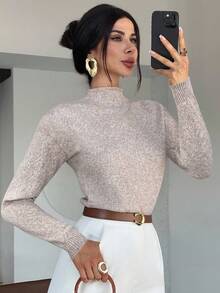 Firerie Maglione smanicato casual elegante da donna, a collo alto, maniche lunghe, in maglia larga e morbida, multicolore (tonalità di grigio e albicocca), versatile per ufficio e tempo libero, abbigliamento autunnale e invernale, adatto per insegnanti e ogni occasione.