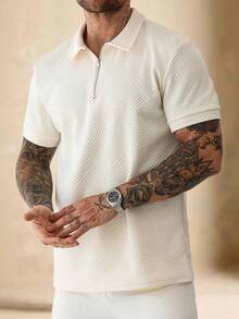 Manfinity Homme 男士四分之一拉链领工作休闲高尔夫 Polo 衫，男友礼物 - 杏色 - 查看 4