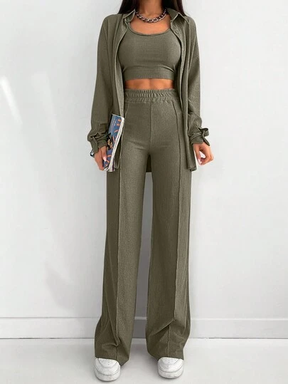 CLARA VERO Women's Solid Color Long Sleeve Single-Breasted Shirt And Pants Casual Suit, Autumn Three Piece Pants Set Women Two Piece Pants Set Women Long Sleeve Two Piece Set Three Piece Outfit Women Pants And Crop Top Set With Cardigan 3 Piece Outfit Women Womens Two Piece Outfits Pants Two Piece Set Tall Two Piece Set