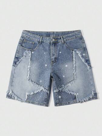 Street Life Shorts vaqueros desgastados para hombre con bolsillos y decoración de estrella de strass