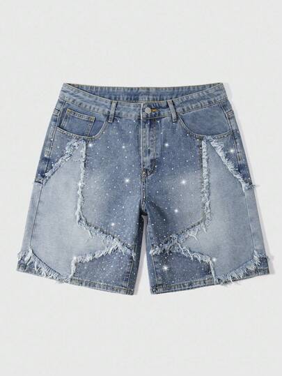Street Life Men's Distressed Denim Shorts With Pockets And Rhinestone Star Decor