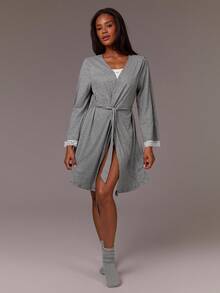 Athîral Women's Elegant Lace Patchwork A-Line Hem Long Sleeve Robe, Vacation - Dark Grey - View 5