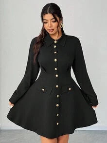 Elenzga 大码女式优雅腰部收紧长袖衬衫裙，简约设计，适合办公室/工作通勤，适合春季、秋季、冬季 - 黑色 - 查看 5